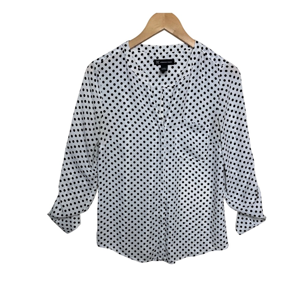 Inc International Concepts Polka Dot Button Down Long Sleeve Top size 2 White
